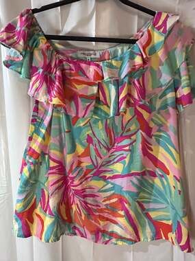 Periwinkle Collection Tropical Leaf Print Off-Shoulder Ruffle Top
